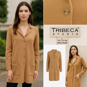 Tribeca Studio Women's Longline Cardigan Tan Trench Sweater Sz L 100% Cotton